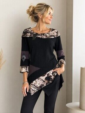 Bali Mixed Media Asymmetrical Tunic Top Black Abstract Faux Leather Trim M
